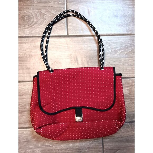 Popups Brand Neoprene Red Flap Over Bag Purse, Snap Buckle, Double Handle - Picture 1 of 4